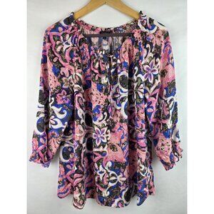 Talbots Women's Shirt Size Medium Pink Floral Neck Tie 3/4 Sleeve Blouse Top